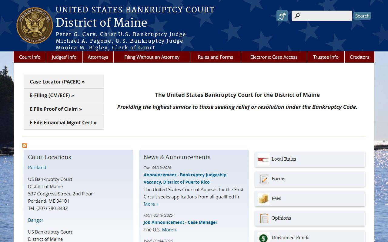 U.S. Bankruptcy Court clerk page for Cumberland County court records