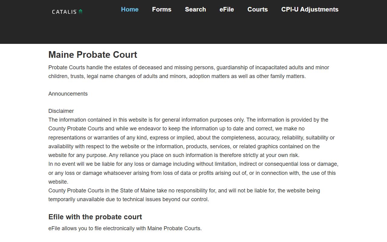 Maine Probate Search portal for Cumberland County court dockets