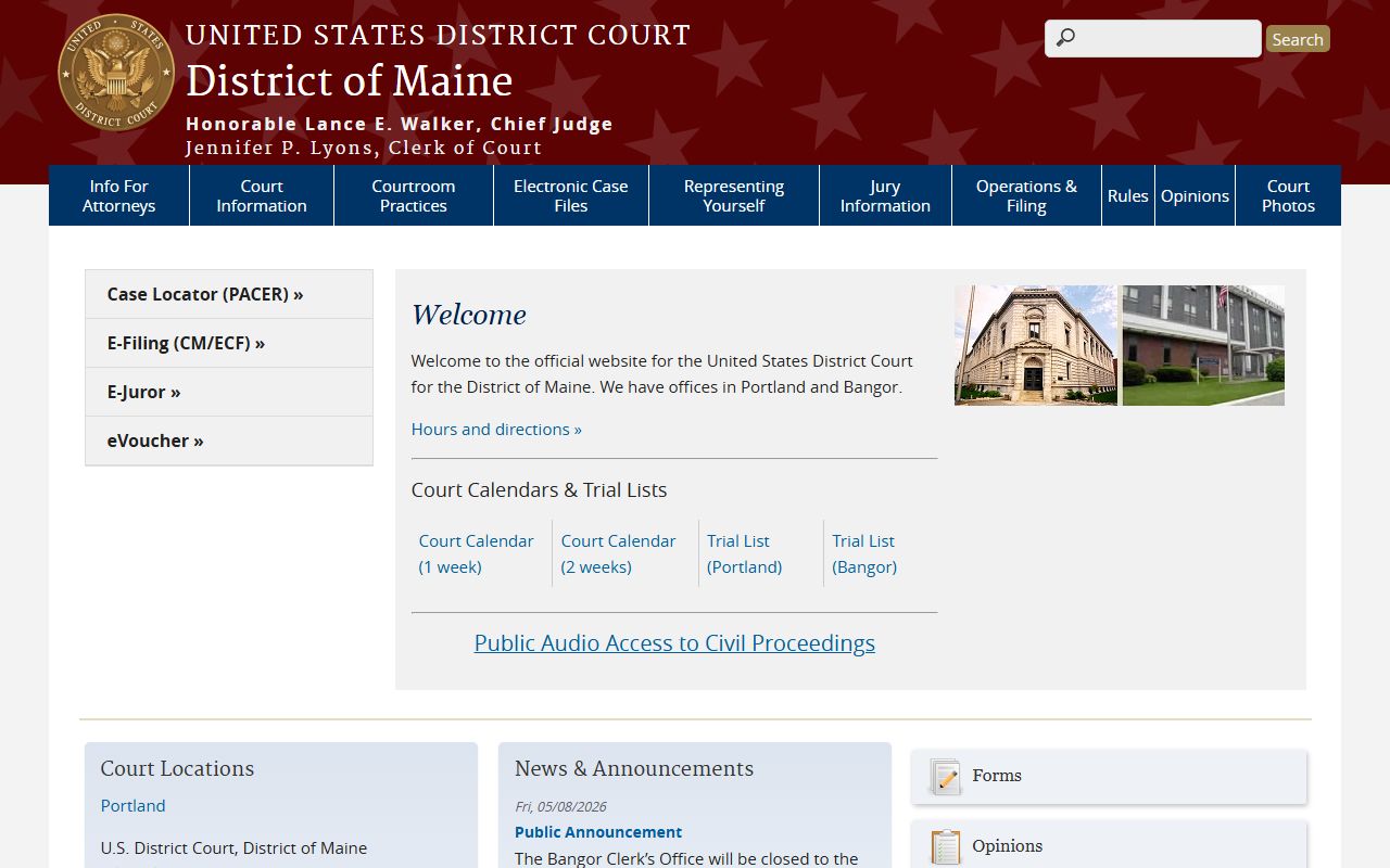 U.S. District Court for the District of Maine page for Cumberland County court dockets
