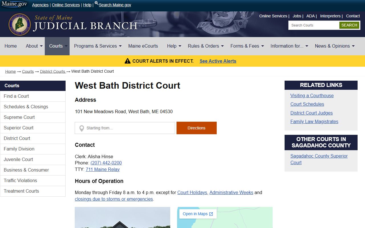 West Bath District Court page for Cumberland County court dockets
