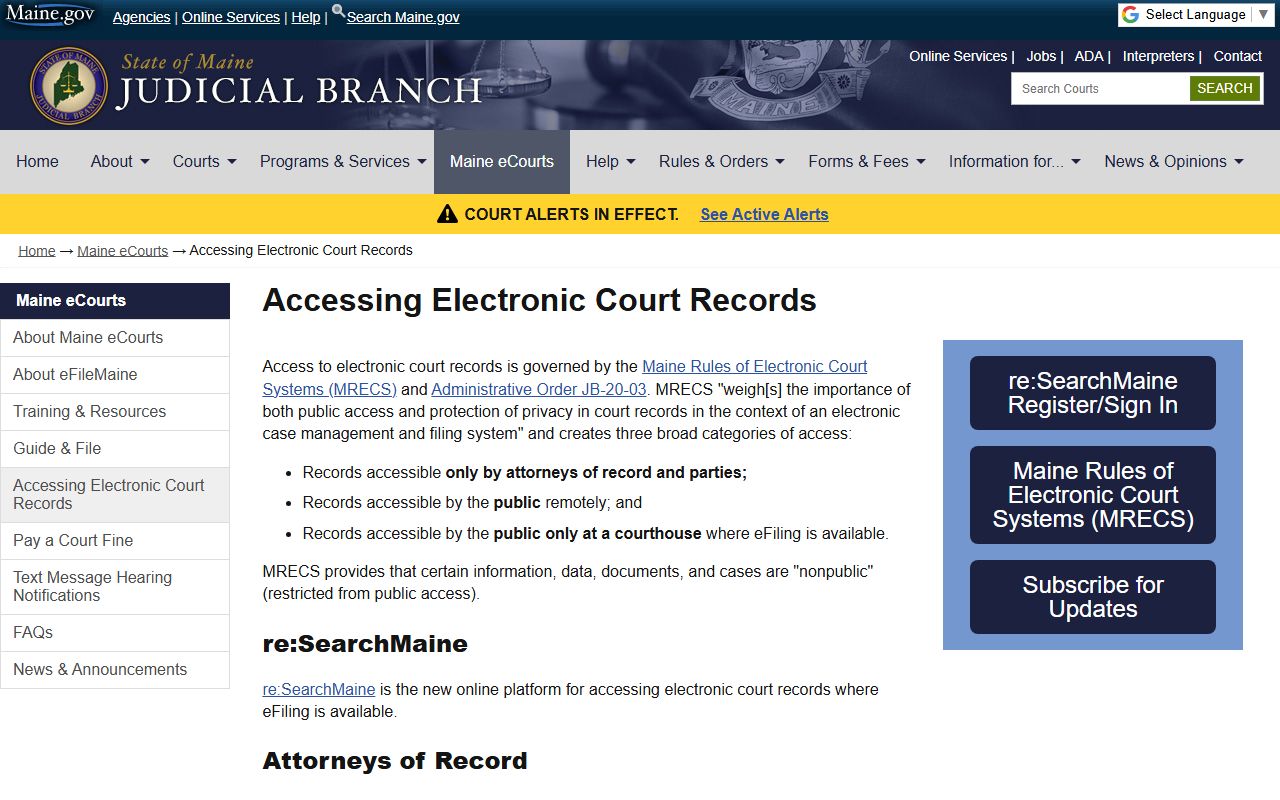 Maine eCourts public access page for Cumberland County court records