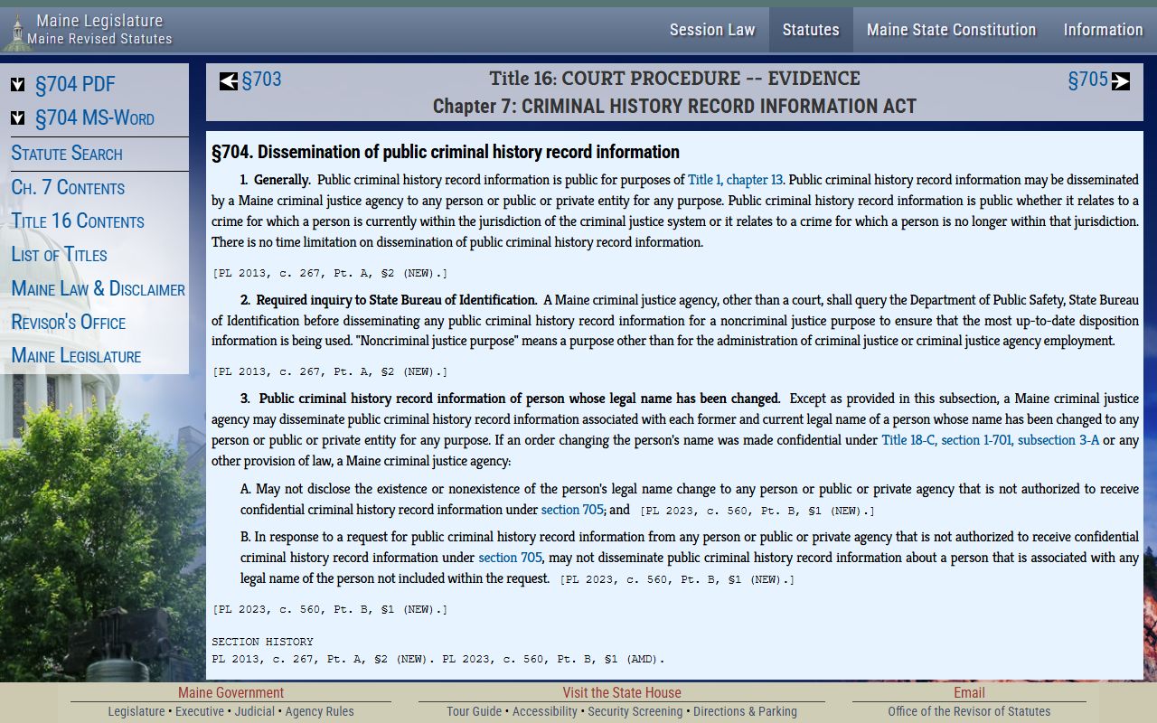 Maine statute on dissemination of Cumberland County criminal history records