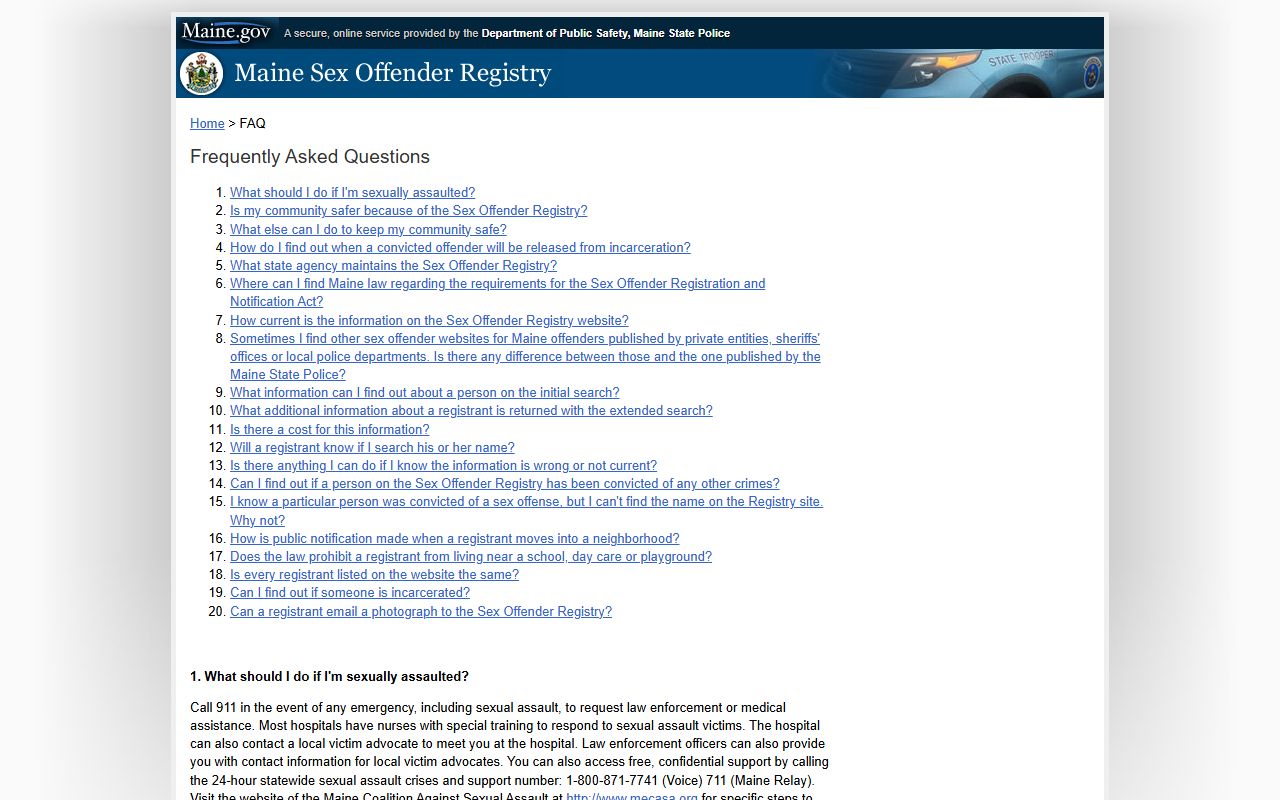 Maine Sex Offender Registry FAQ tied to Cumberland County criminal records