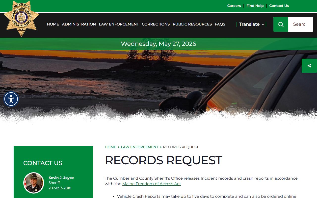 Cumberland County Sheriff records request page for arrest records