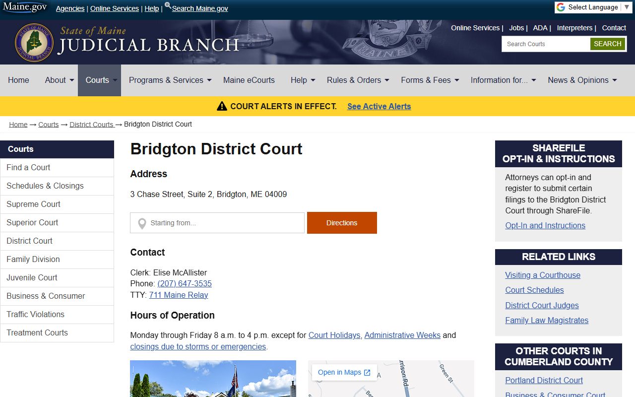 Bridgton District Court page serving western Cumberland County court records