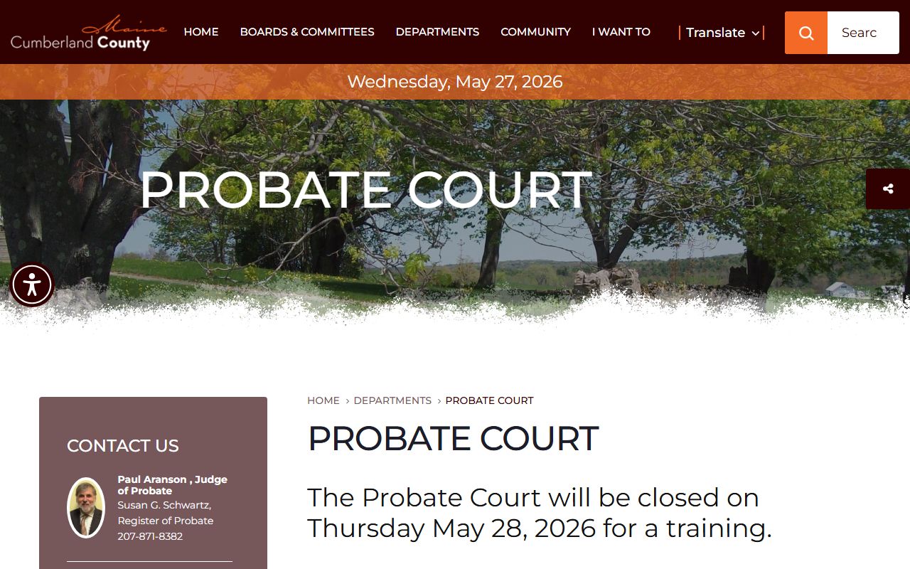 Cumberland County Probate Court page for wills, estates, and guardianship records