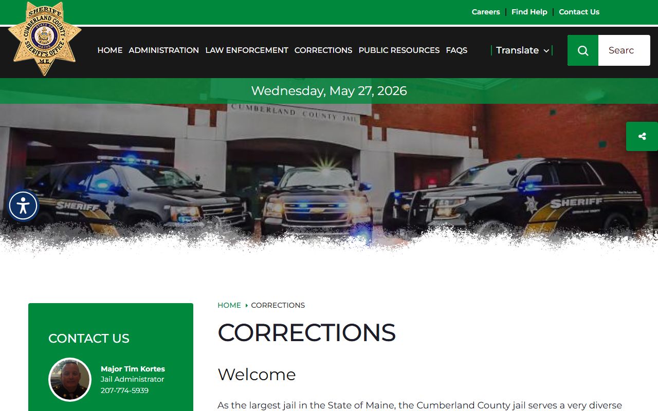 Cumberland County Jail corrections page with inmate and visitation information