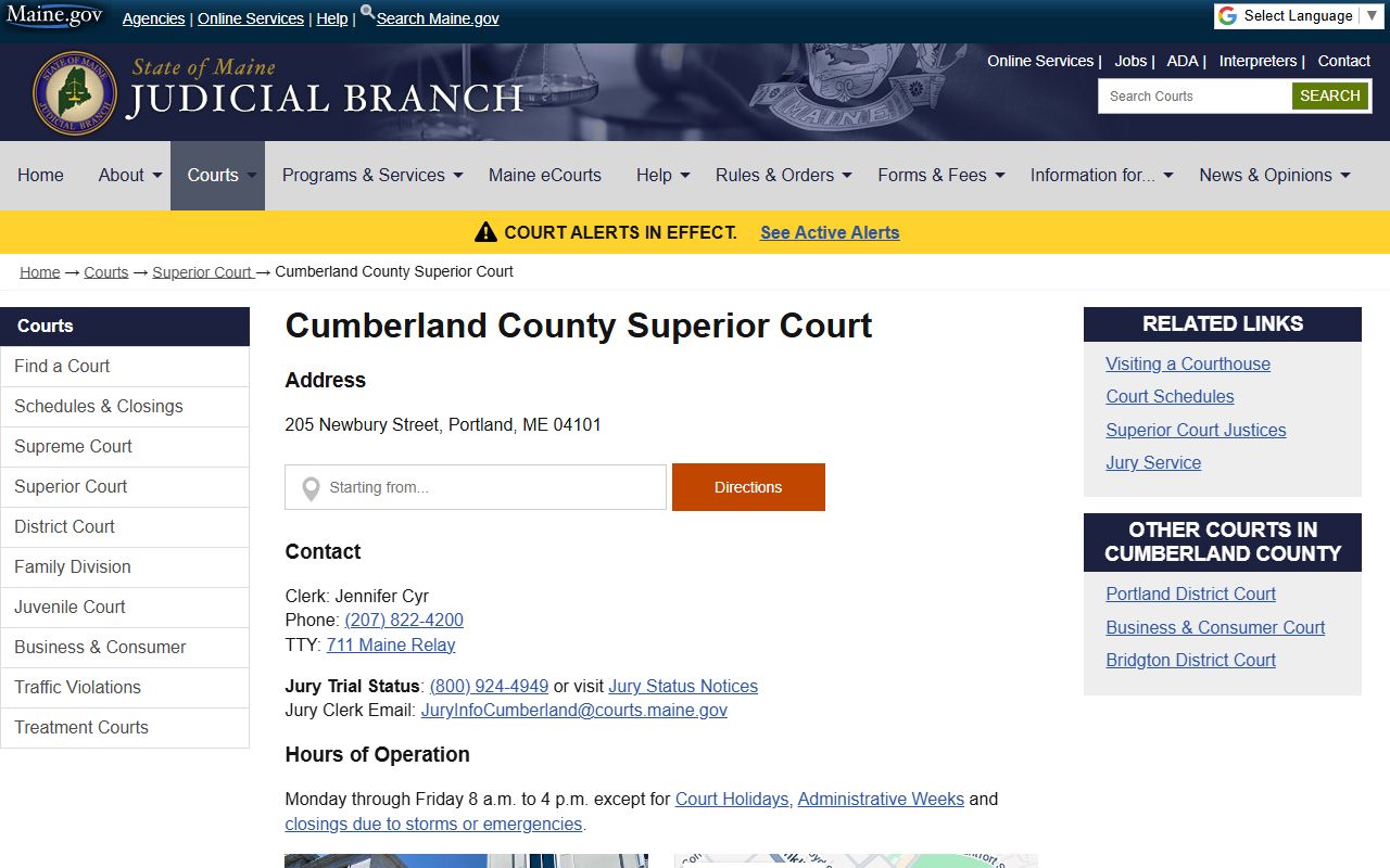 Cumberland County Superior Court page with courthouse address and hours