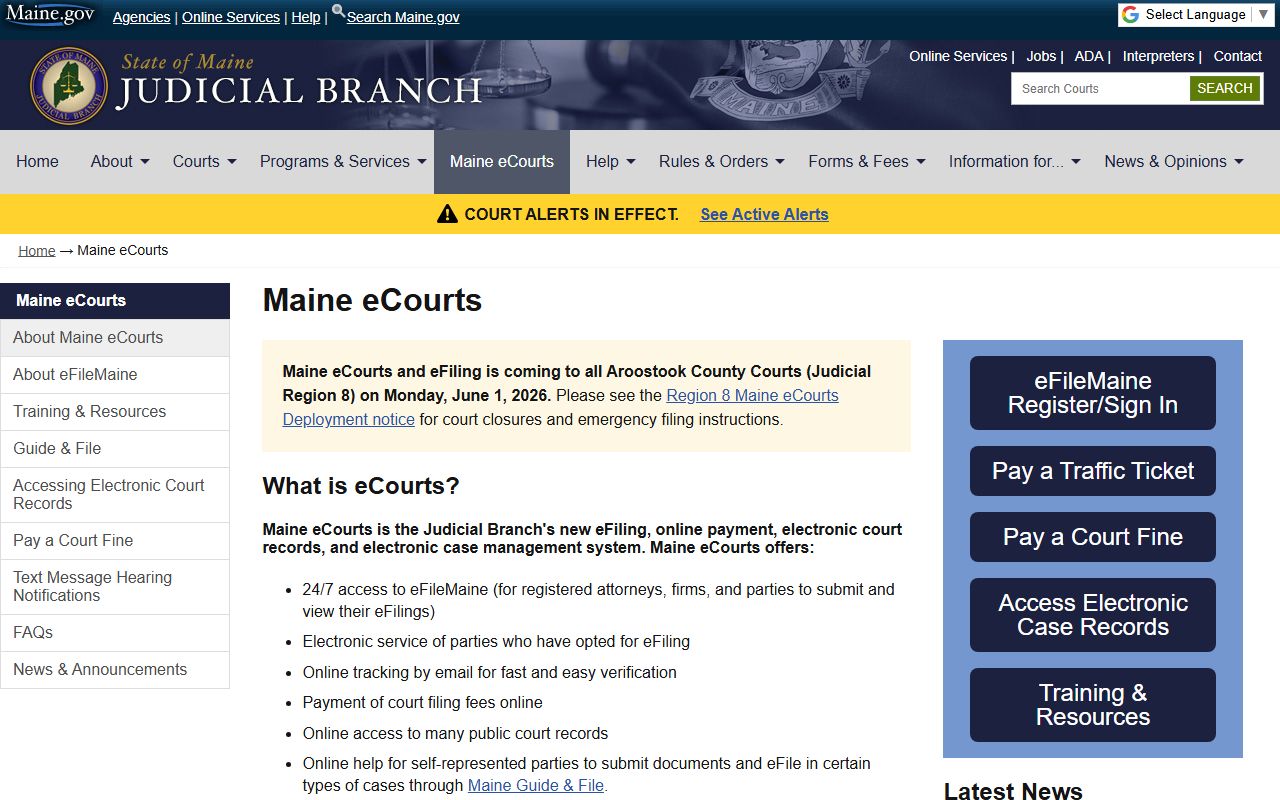 Maine eCourts portal used to search Cumberland County court records