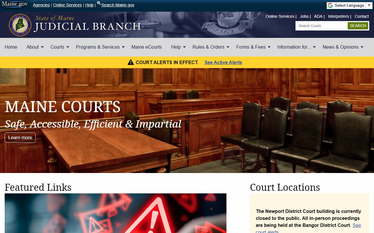 Maine Judicial Branch homepage linking Cumberland County court records and forms