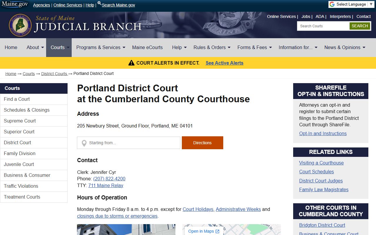 Portland District Court page for Cumberland County court records