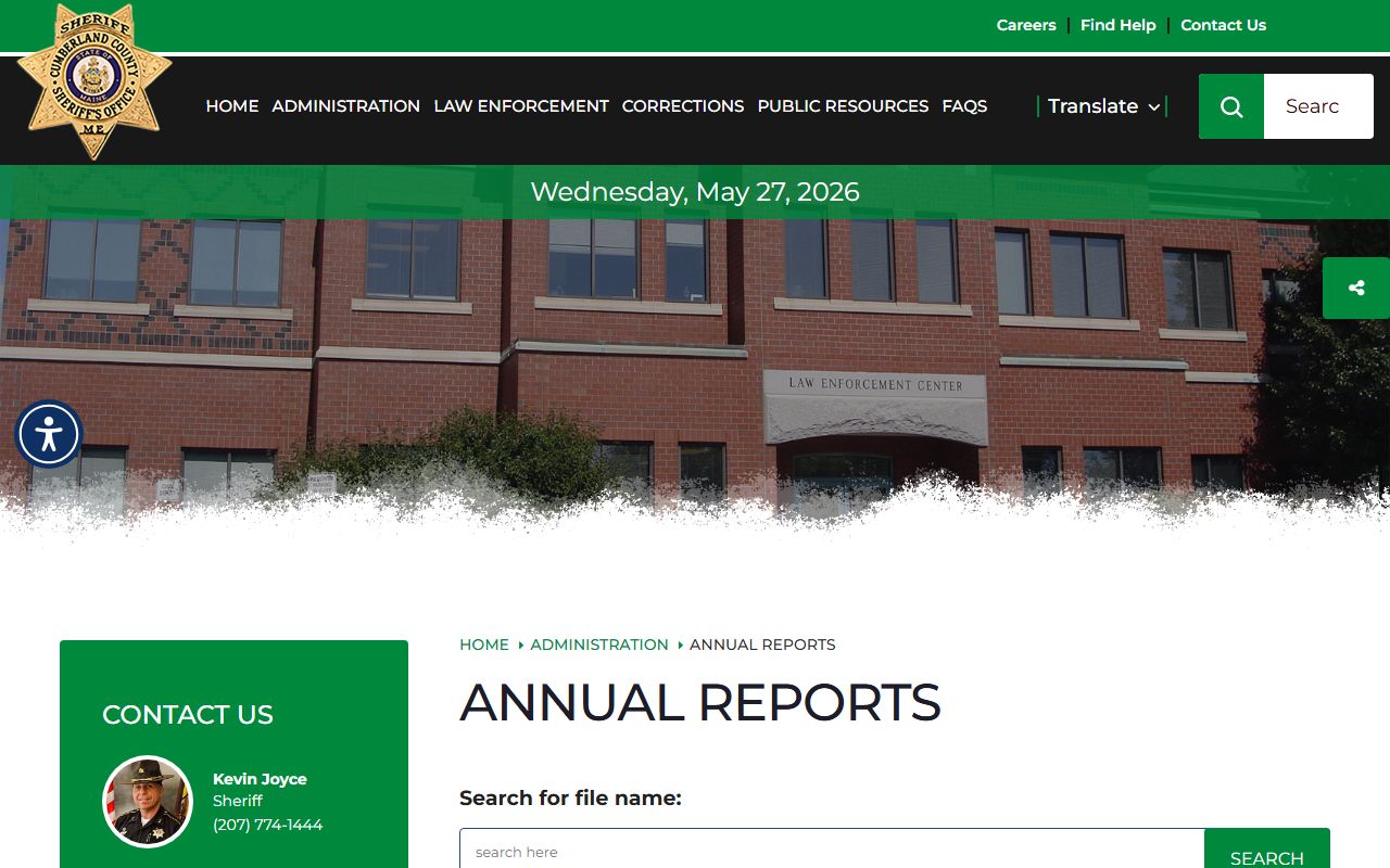 Cumberland County Sheriff annual reports page with jail population data