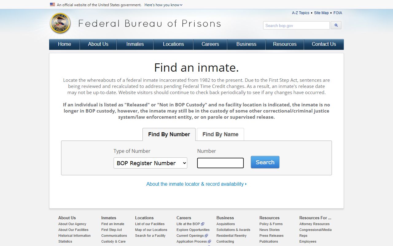 Federal BOP inmate locator used for Cumberland County federal inmate records