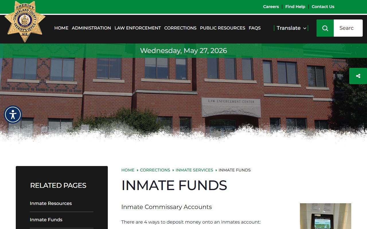 Cumberland County inmate funds page for commissary deposits and inmate records