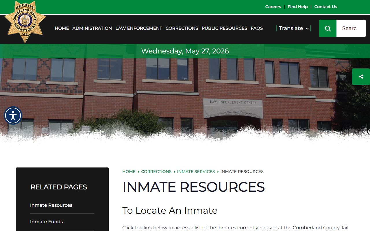 Cumberland County inmate resources page describing the jail roster and custody rules
