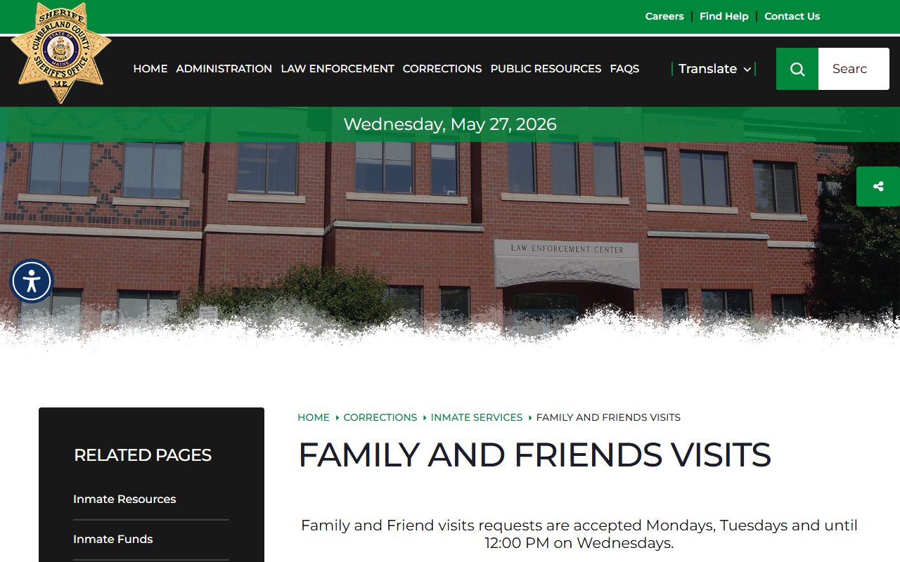 Cumberland County jail visitation request page for inmate visits