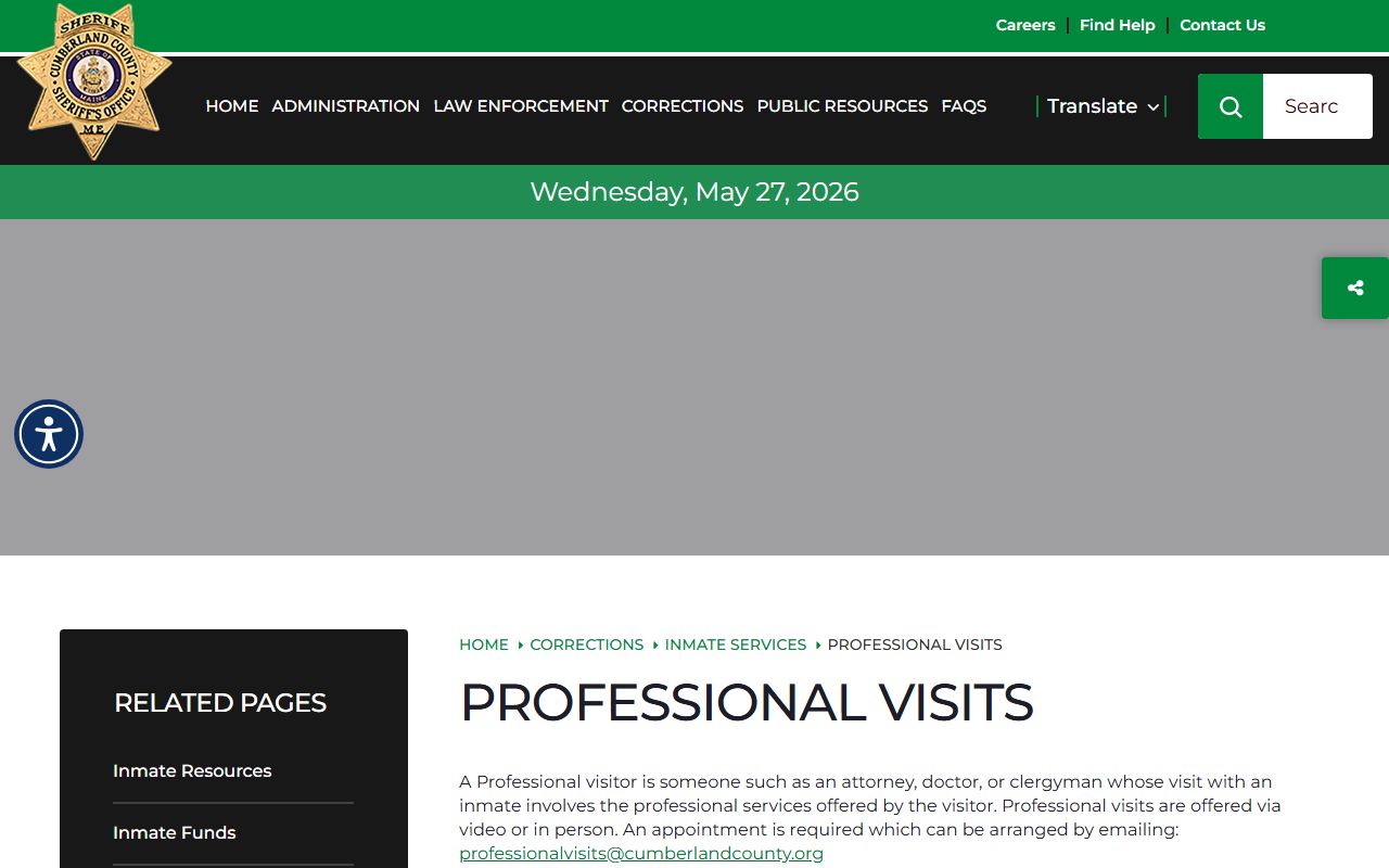Cumberland County professional visits page for attorney and clergy inmate visits