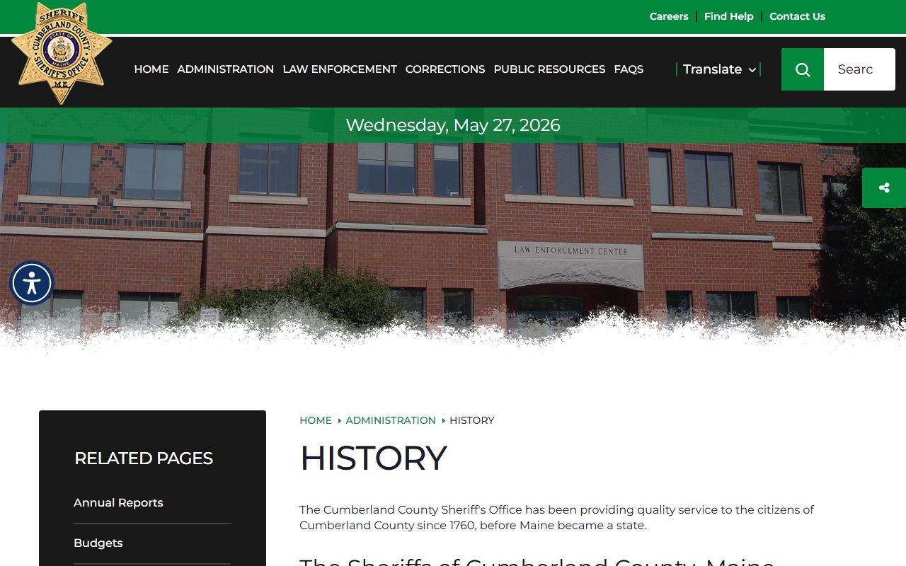 Cumberland County Sheriff history page reflecting the county's long record-keeping behind marriage and divorce records