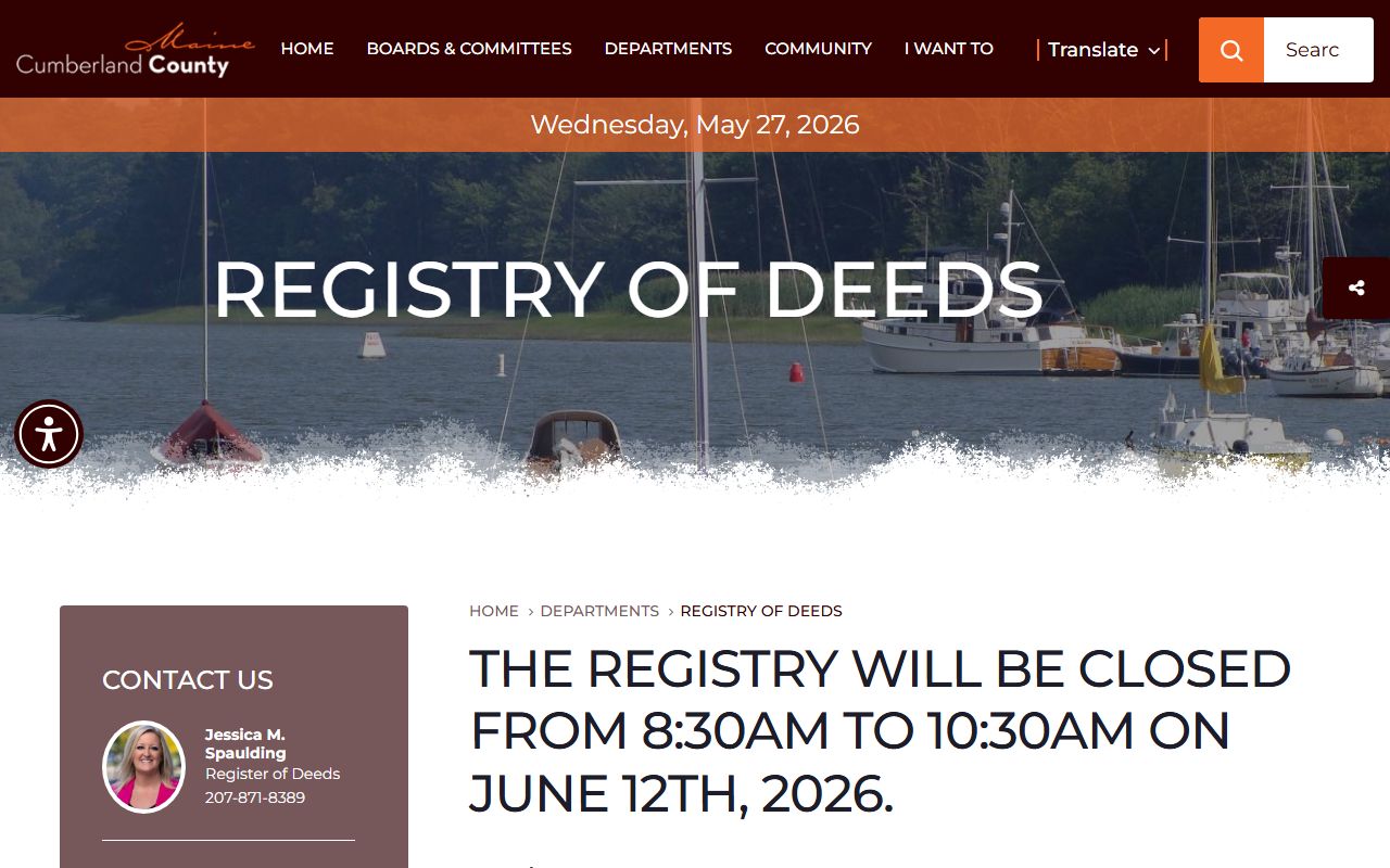 Cumberland County Registry of Deeds page used alongside marriage and divorce records research