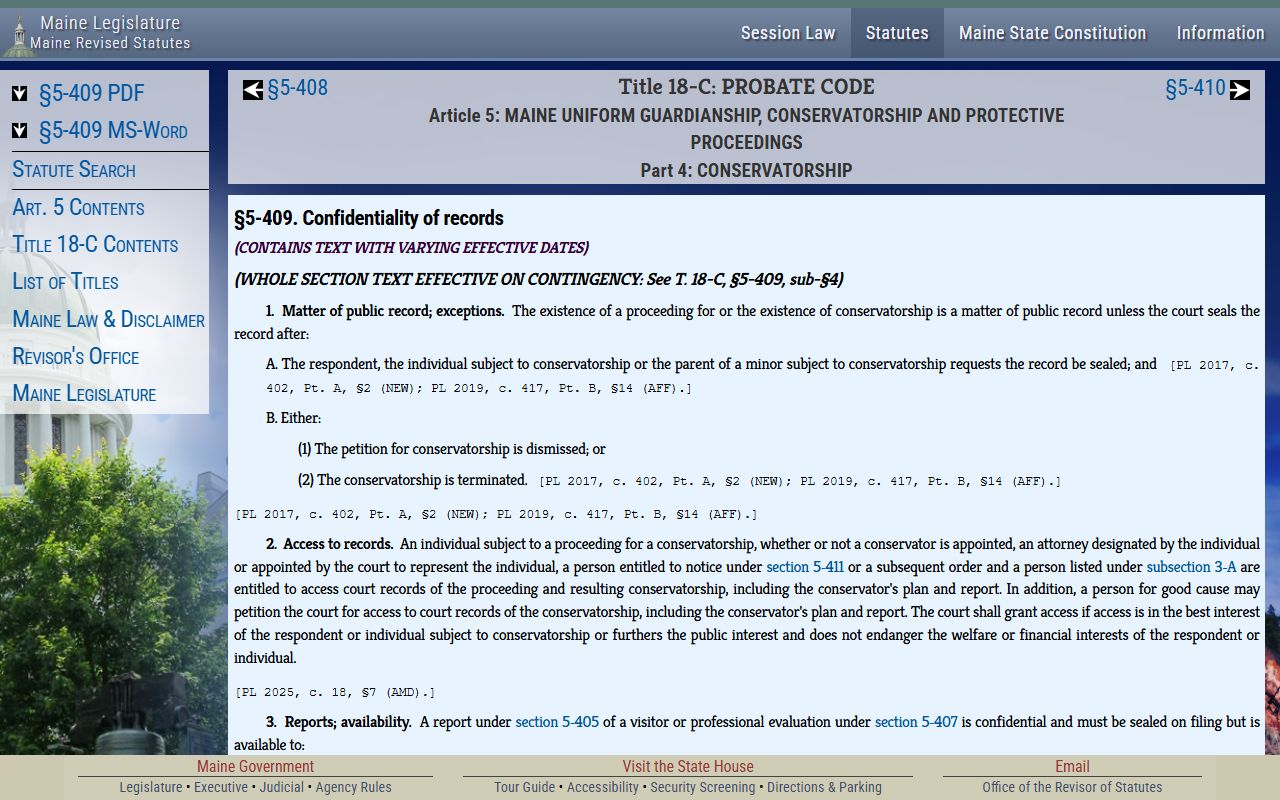 Maine adult conservatorship confidentiality statute shaping Cumberland County probate records access