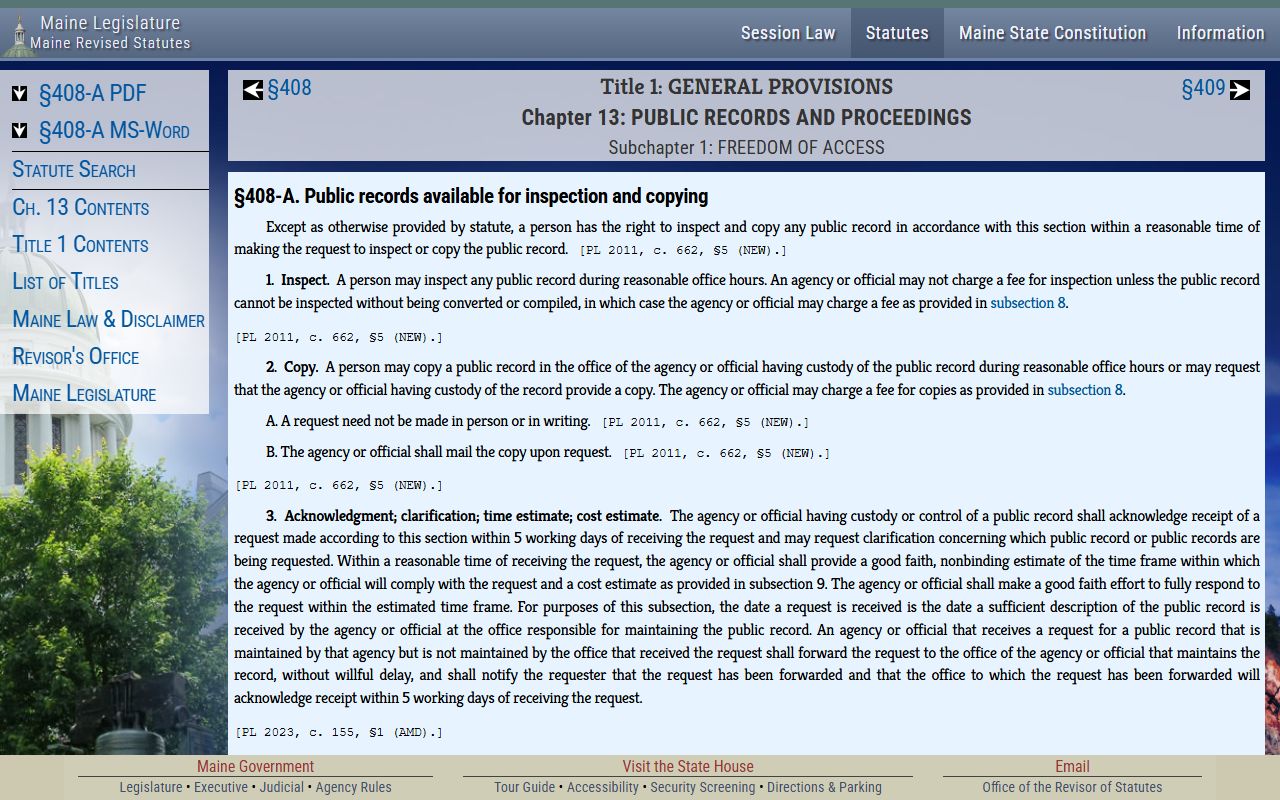 Maine FOAA inspection and copying statute guiding Cumberland County public records requests