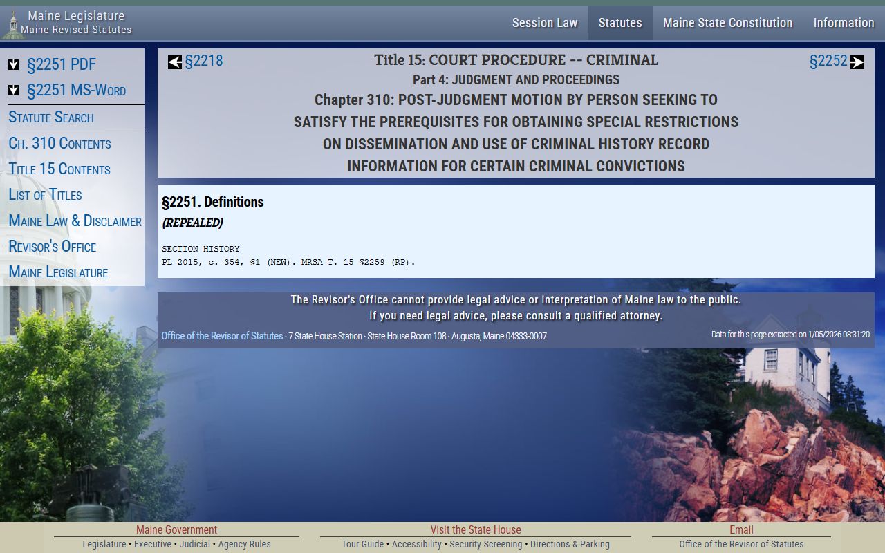 Maine criminal record sealing statute page tied to Cumberland County traffic court records
