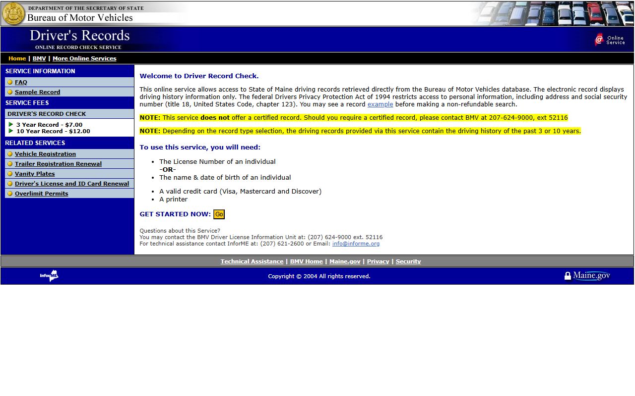 Maine BMV Driver Record Check page for Cumberland County traffic court records and driver history