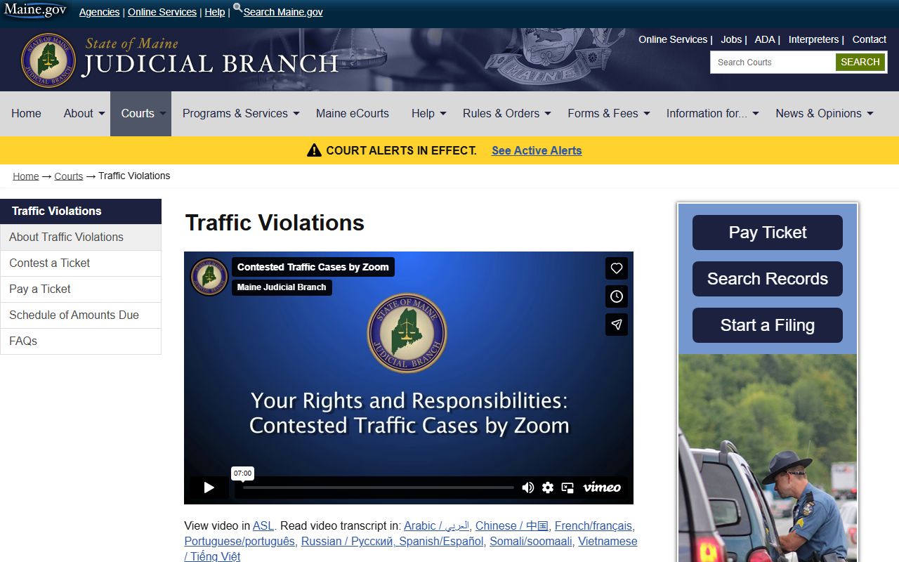 Maine Violations Bureau and traffic court page for Cumberland County traffic court records