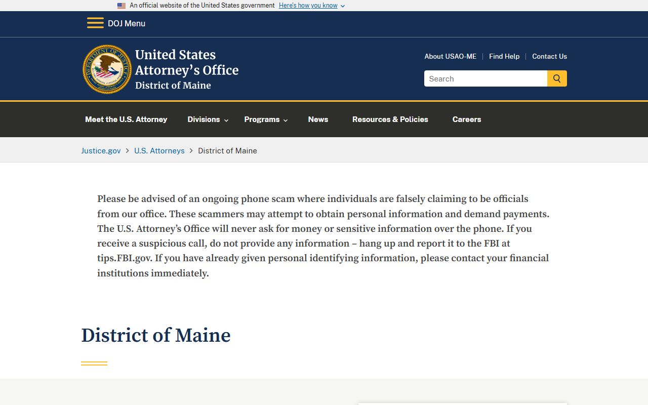 U.S. Attorney District of Maine page related to Cumberland County warrants
